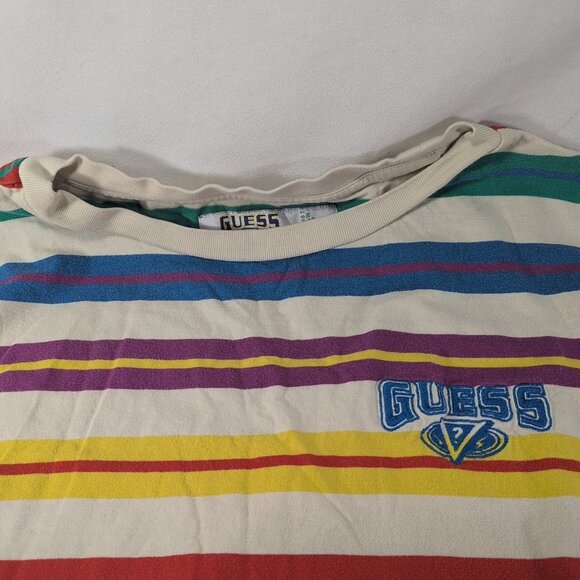 GUESS 90s Striped Embroidered Shirt Men S Small White Multi Short Sleeve Retro - Picture 2 of 11